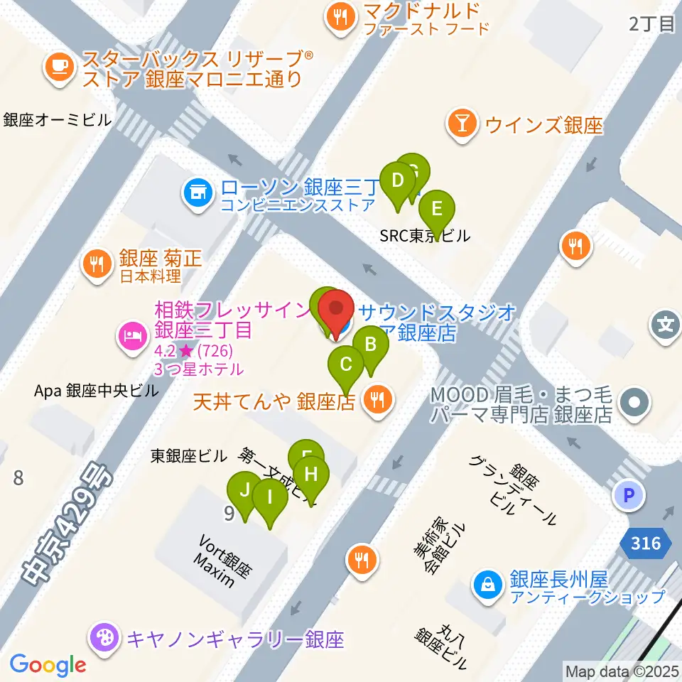サウンドスタジオノア 銀座店周辺のファミレス・ファーストフード一覧地図