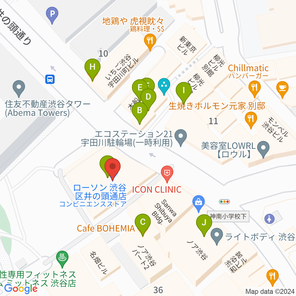 サウンドスタジオノア 渋谷2号店周辺のファミレス・ファーストフード一覧地図