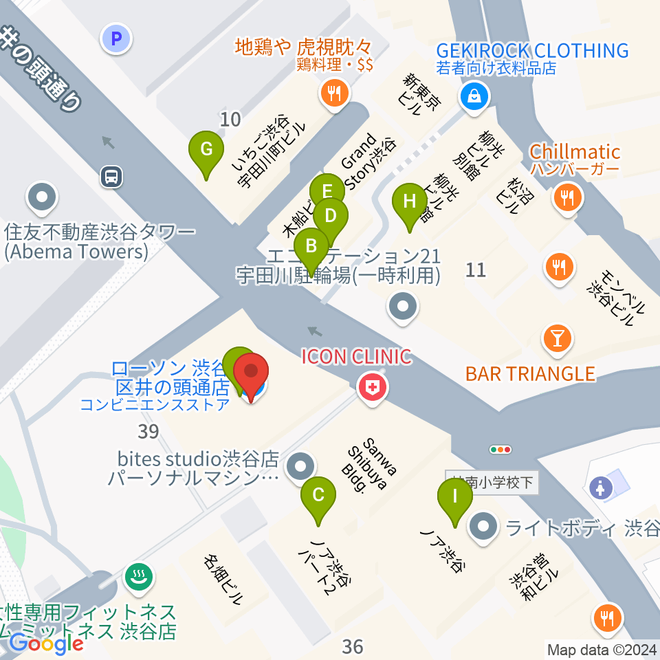 サウンドスタジオノア 渋谷2号店周辺のファミレス・ファーストフード一覧地図