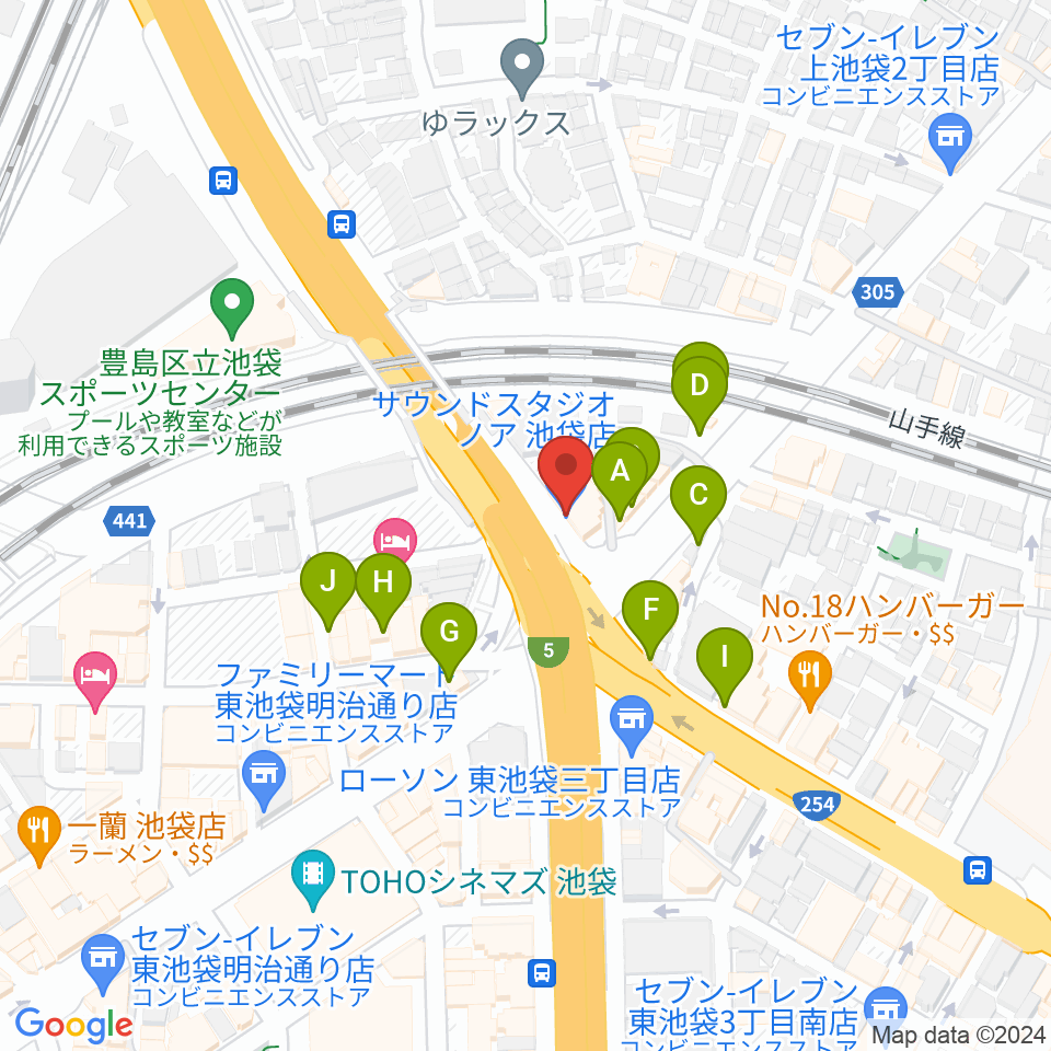 サウンドスタジオノア 池袋店周辺のファミレス・ファーストフード一覧地図