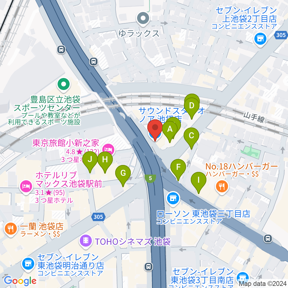 サウンドスタジオノア 池袋店周辺のファミレス・ファーストフード一覧地図