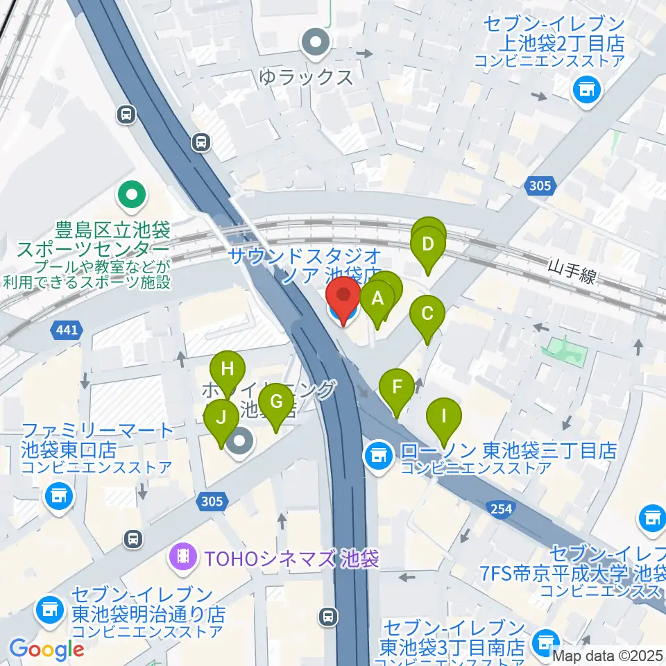 サウンドスタジオノア 池袋店周辺のファミレス・ファーストフード一覧地図