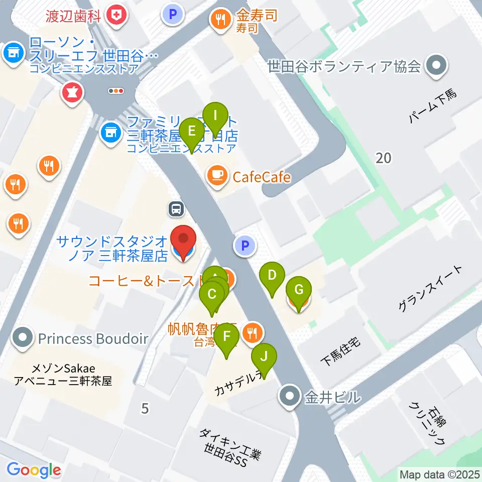 サウンドスタジオノア 三軒茶屋店周辺のファミレス・ファーストフード一覧地図