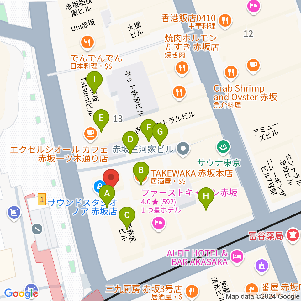 サウンドスタジオノア 赤坂店周辺のファミレス・ファーストフード一覧地図