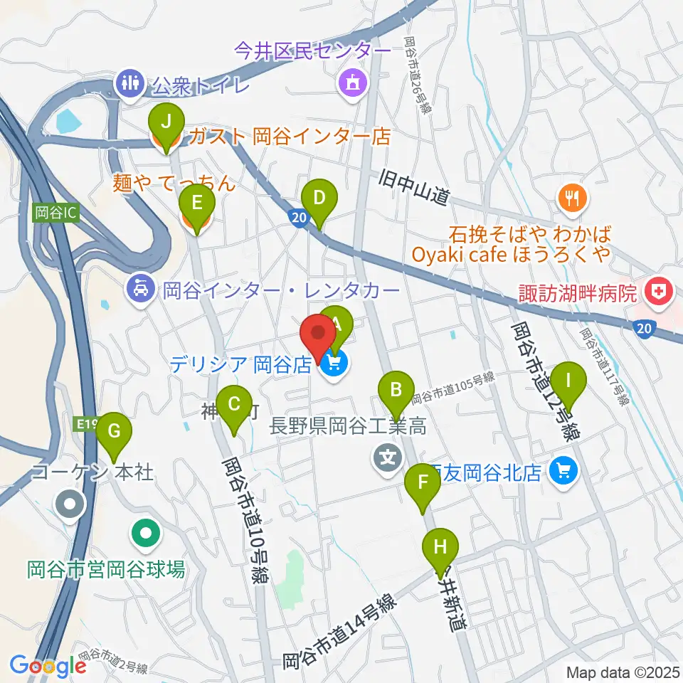 オグチ楽器 岡谷本社周辺のファミレス・ファーストフード一覧地図