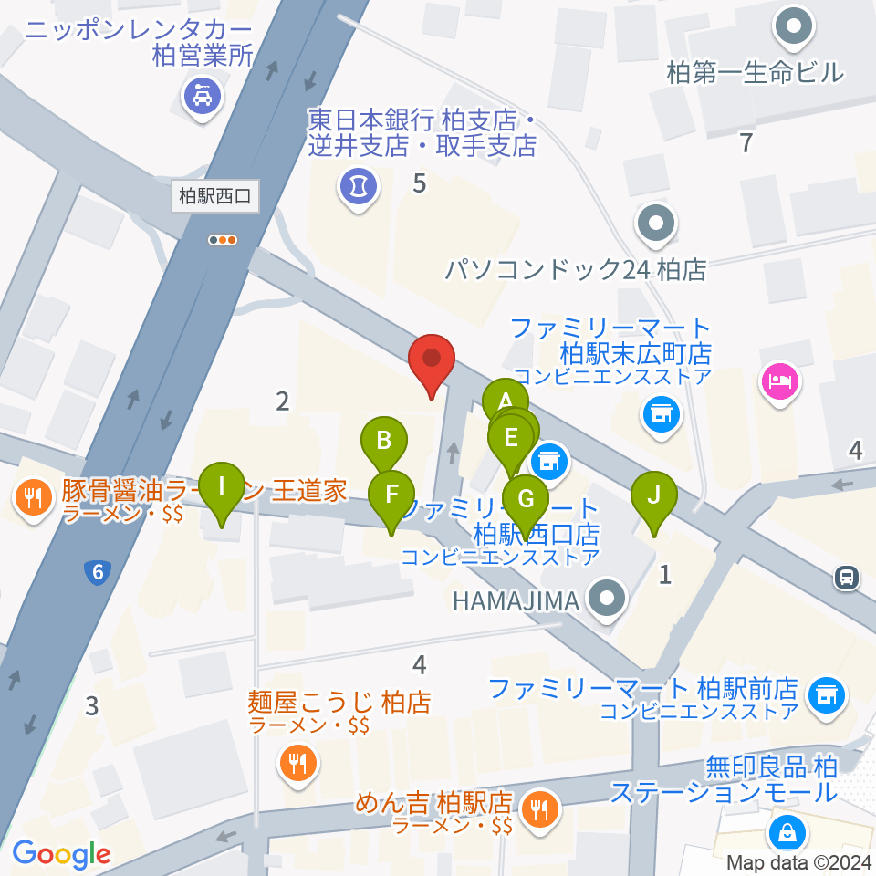 ゲートウェイスタジオ柏店周辺のファミレス・ファーストフード一覧地図