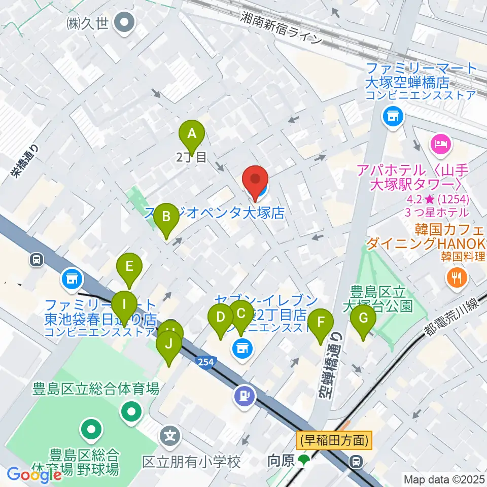 スタジオペンタ大塚店周辺のファミレス・ファーストフード一覧地図