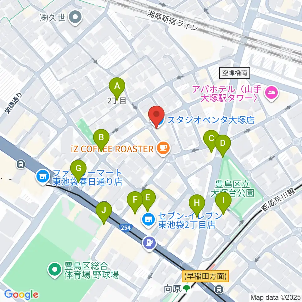 スタジオペンタ大塚店周辺のファミレス・ファーストフード一覧地図