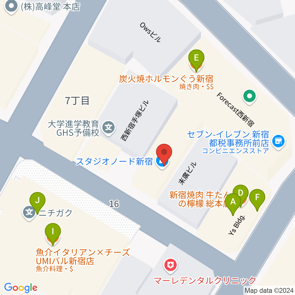 スタジオノード新宿周辺のファミレス・ファーストフード一覧地図