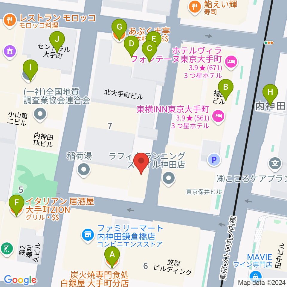 HMVP大手町スタジオ周辺のファミレス・ファーストフード一覧地図