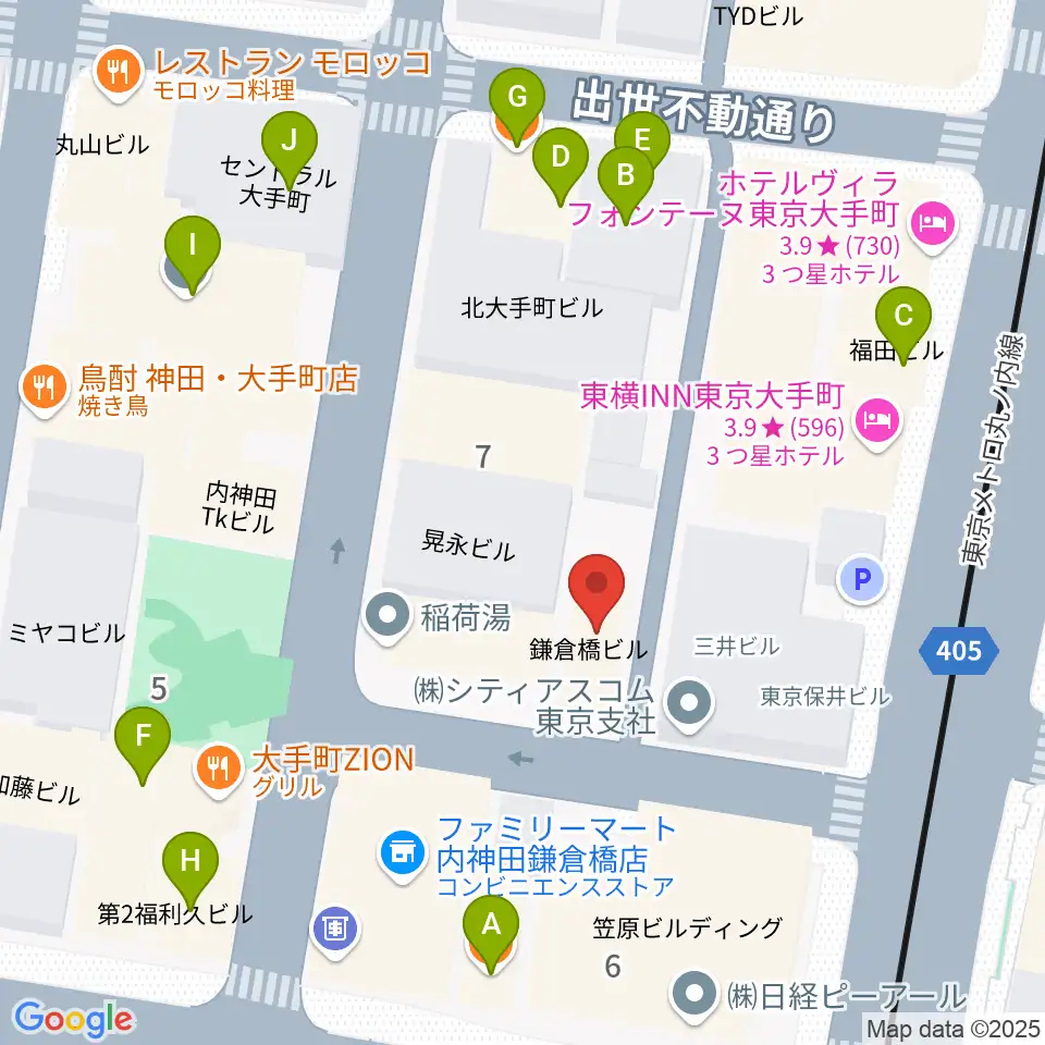 HMVP大手町スタジオ周辺のファミレス・ファーストフード一覧地図