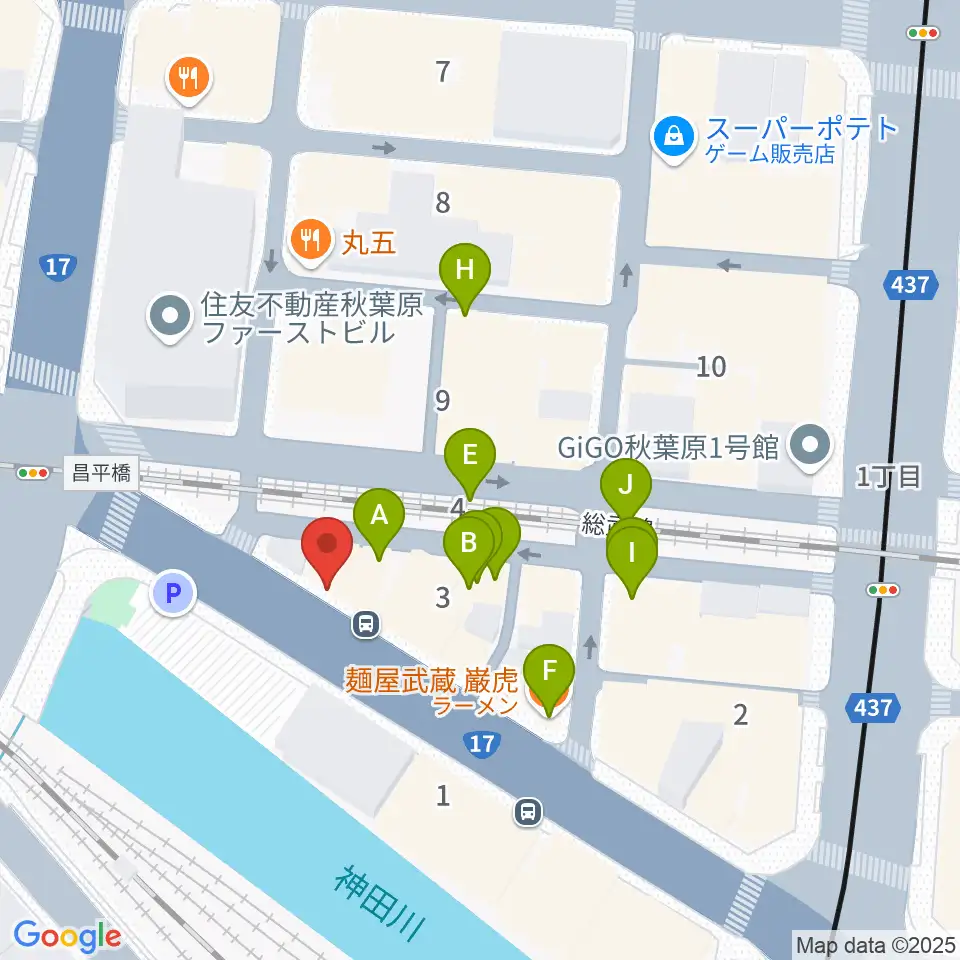 スタジオ音楽館 アキバ周辺のファミレス・ファーストフード一覧地図