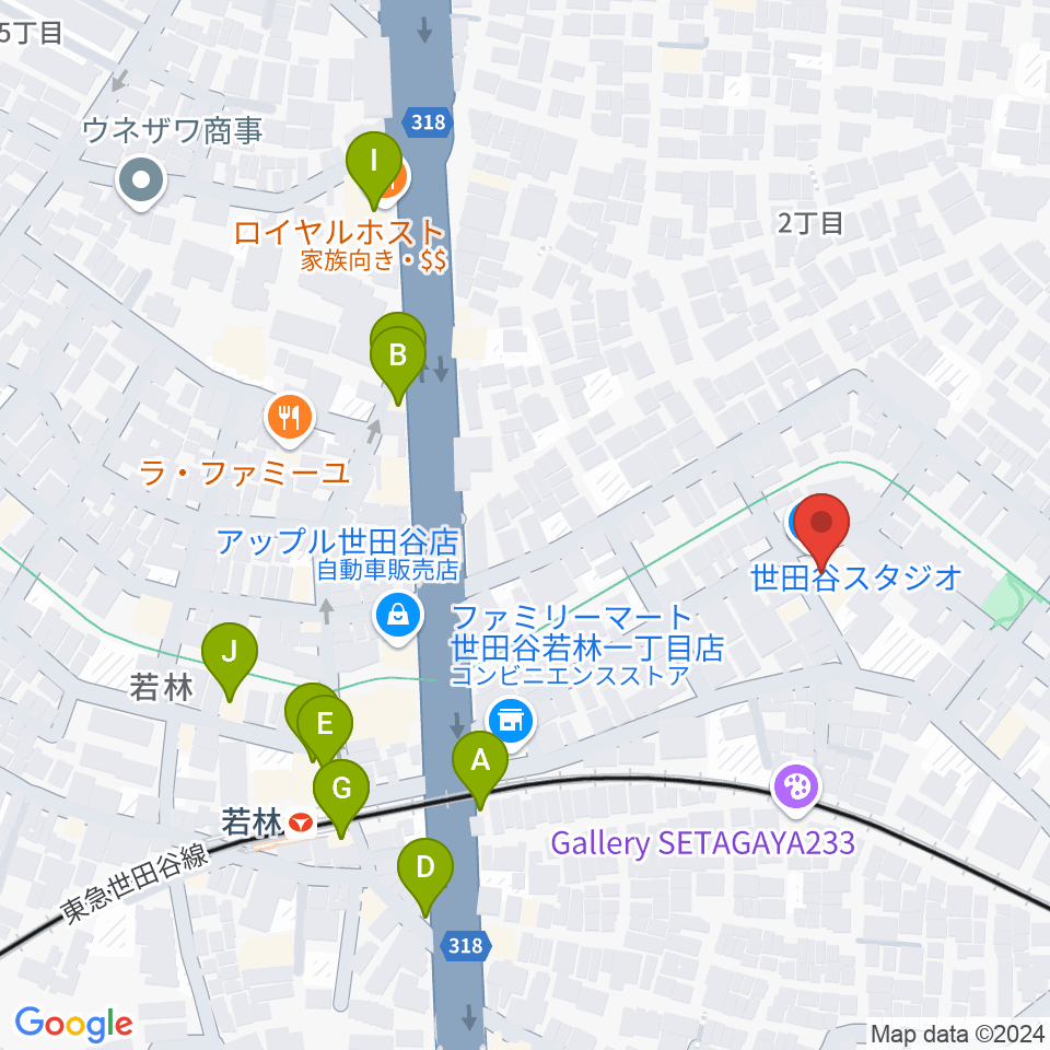 世田谷スタジオ周辺のファミレス・ファーストフード一覧地図