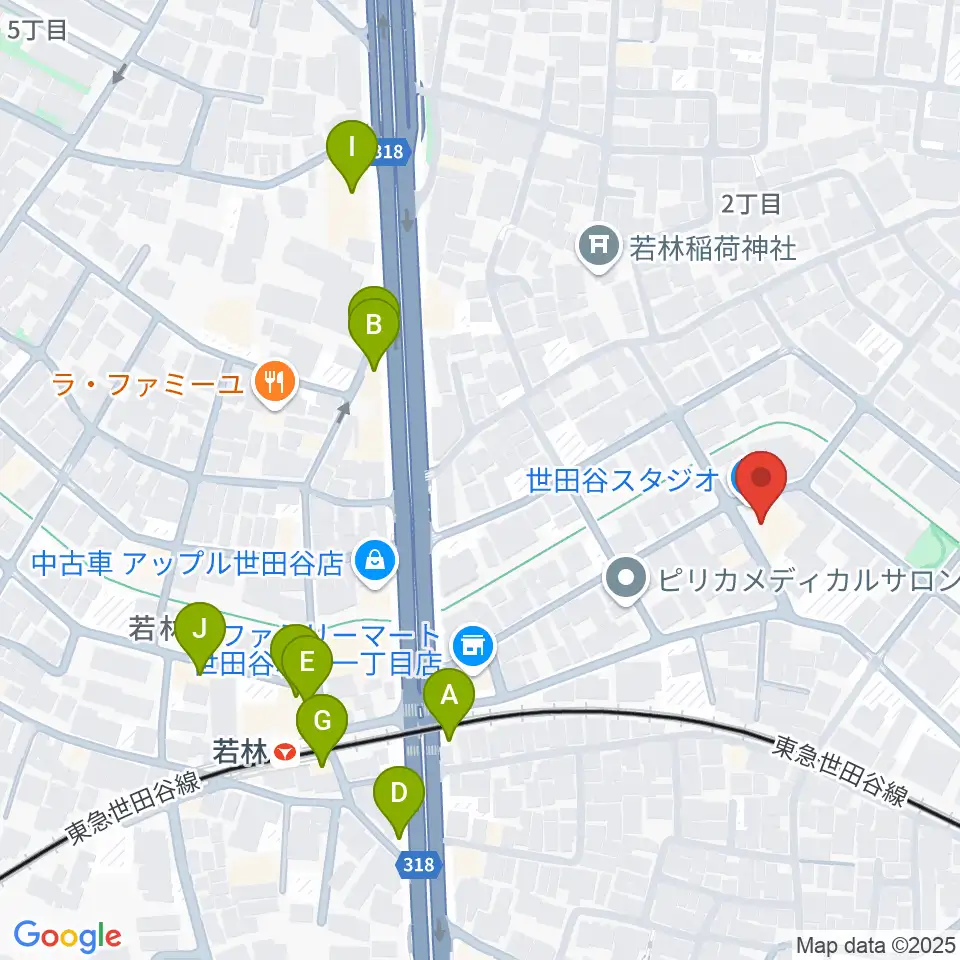 世田谷スタジオ周辺のファミレス・ファーストフード一覧地図