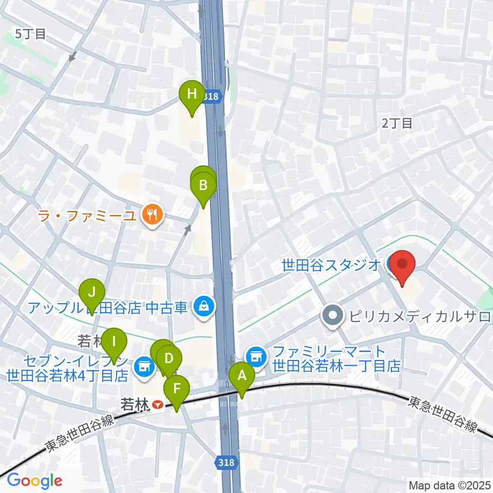 世田谷スタジオ周辺のファミレス・ファーストフード一覧地図