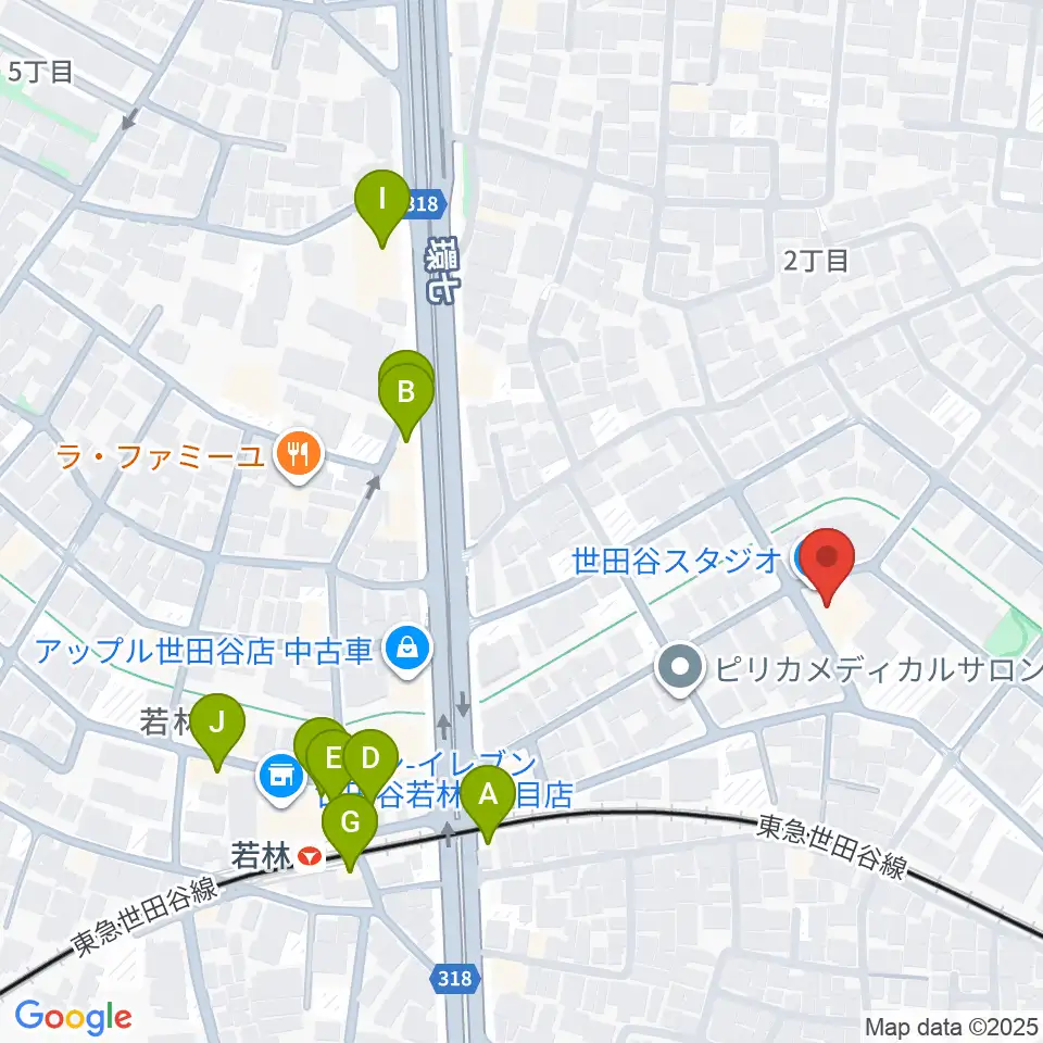世田谷スタジオ周辺のファミレス・ファーストフード一覧地図
