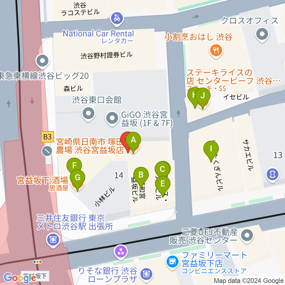 ミウラピアノスタジオ周辺のファミレス・ファーストフード一覧地図