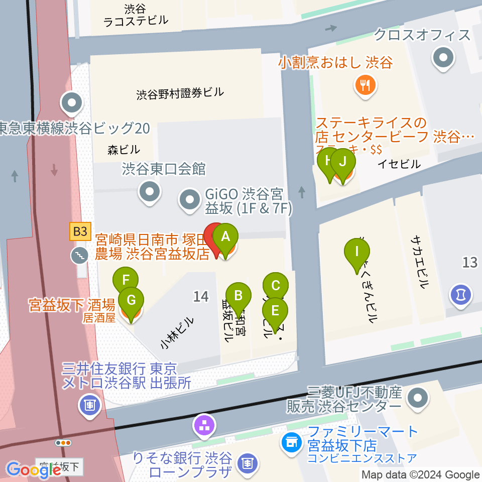 ミウラピアノスタジオ周辺のファミレス・ファーストフード一覧地図