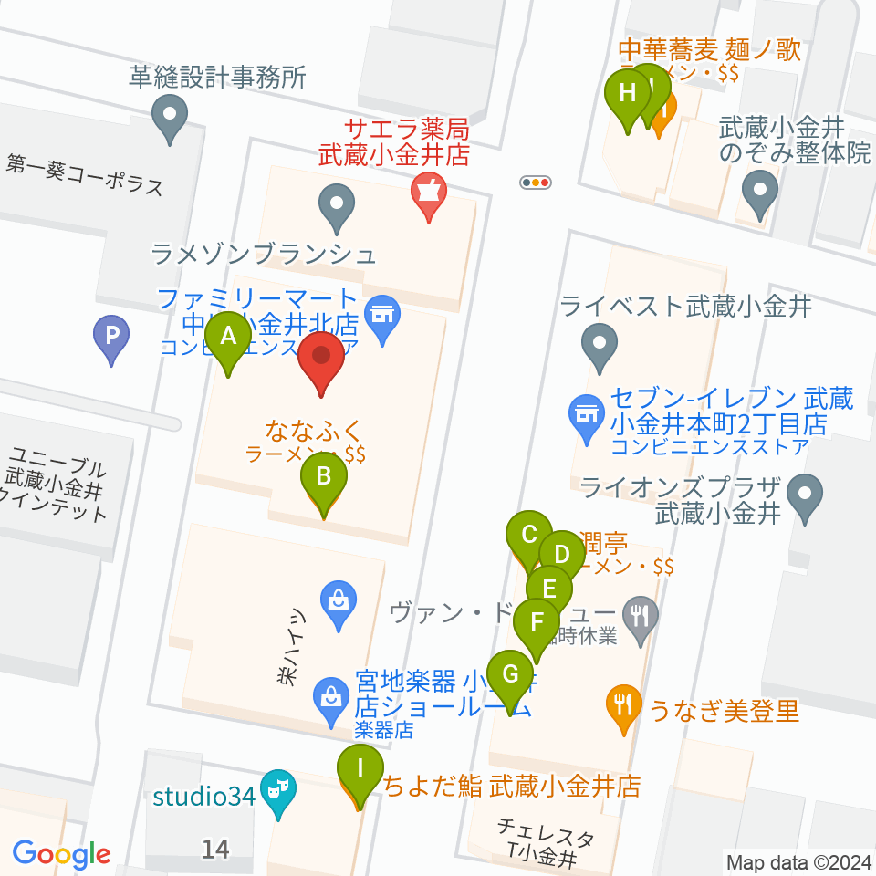 宮地楽器 小金井ANNEX周辺のファミレス・ファーストフード一覧地図