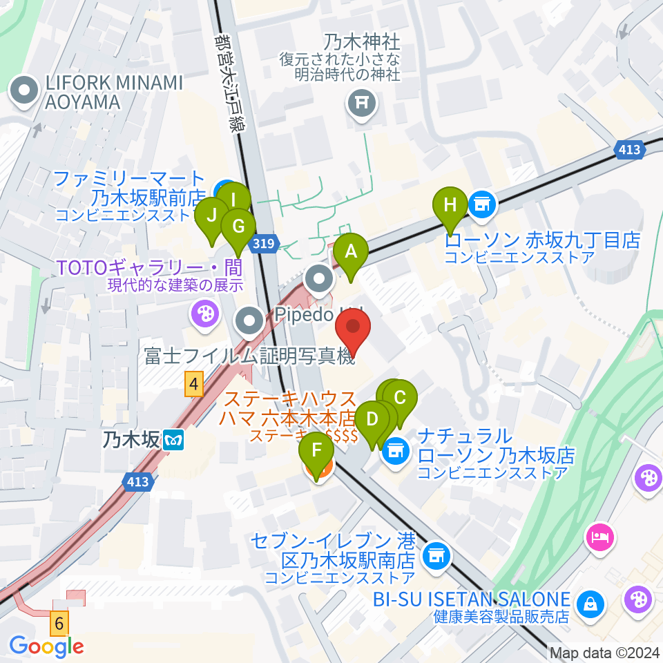 ソニー・ミュージックスタジオ周辺のファミレス・ファーストフード一覧地図