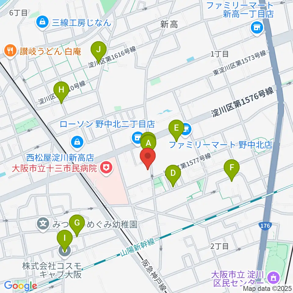 玉田ピアノ本店ショールーム周辺のファミレス・ファーストフード一覧地図
