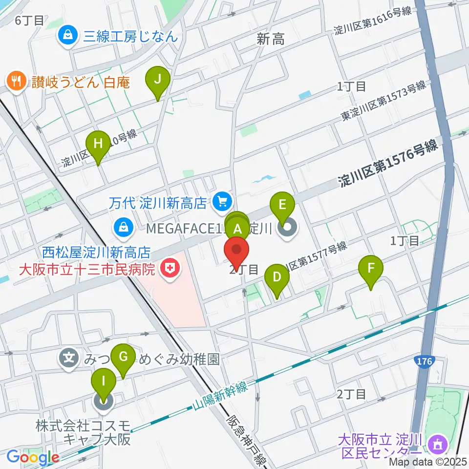 玉田ピアノ本店ショールーム周辺のファミレス・ファーストフード一覧地図