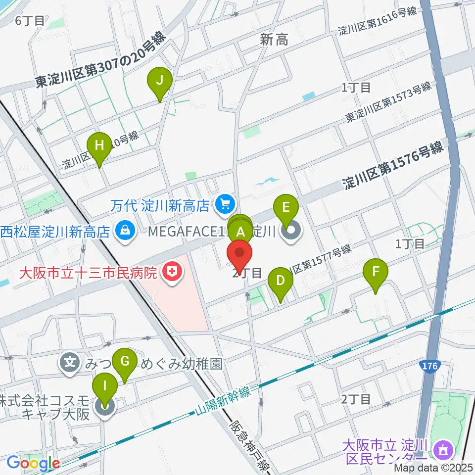 玉田ピアノ本店ショールーム周辺のファミレス・ファーストフード一覧地図