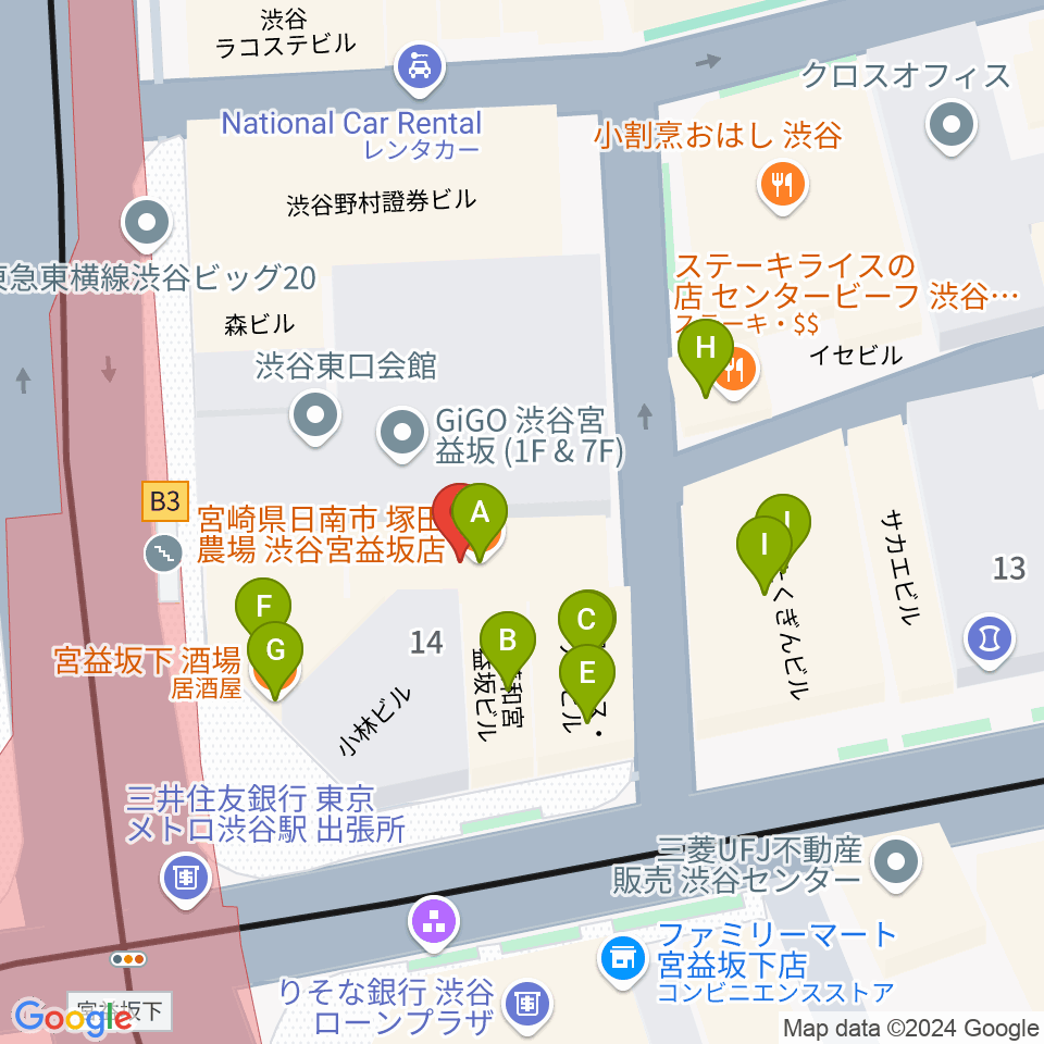 三浦ピアノ渋谷店周辺のファミレス・ファーストフード一覧地図