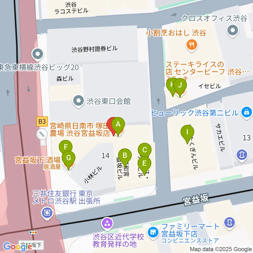 三浦ピアノ渋谷店周辺のファミレス・ファーストフード一覧地図