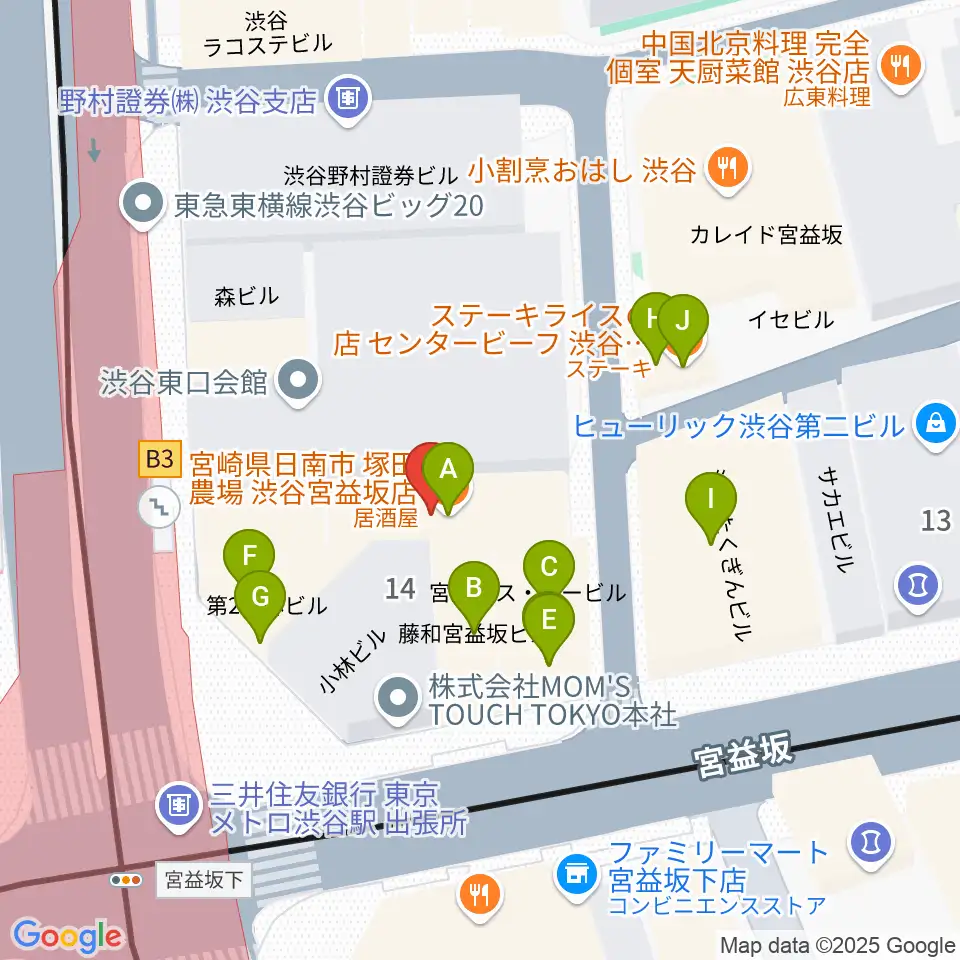 三浦ピアノ渋谷店周辺のファミレス・ファーストフード一覧地図