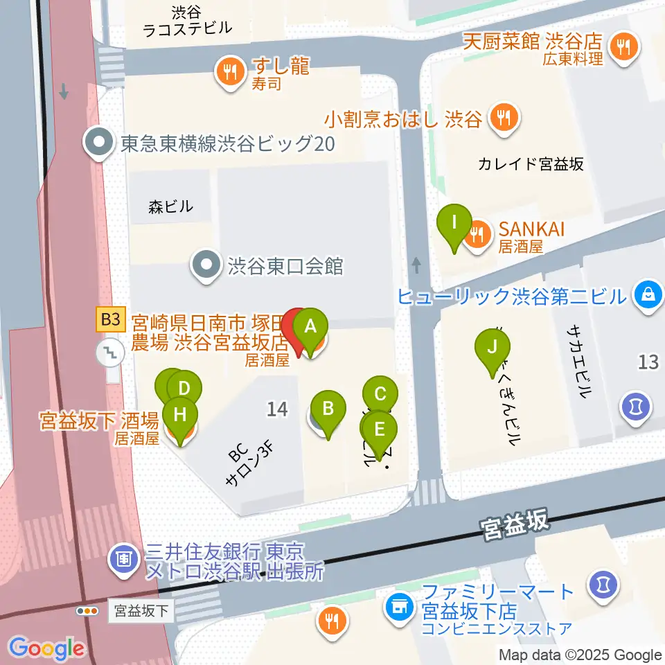 三浦ピアノ渋谷店周辺のファミレス・ファーストフード一覧地図