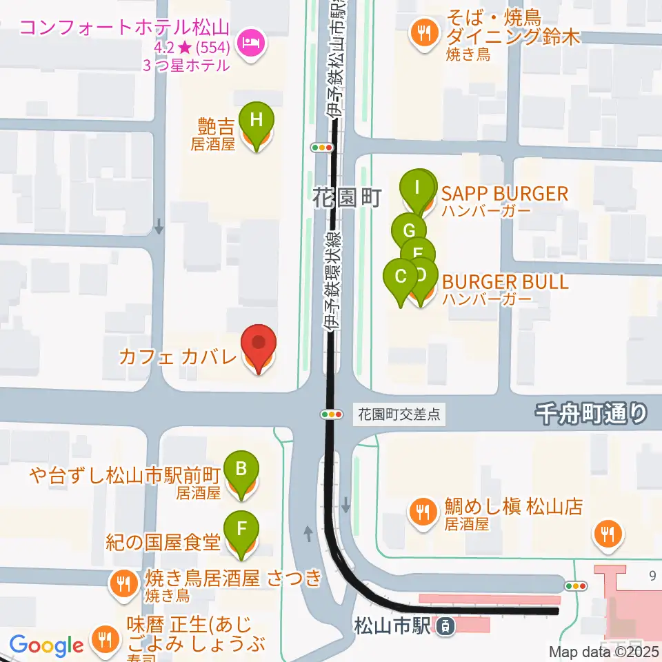 マツヤマ楽器周辺のファミレス・ファーストフード一覧地図
