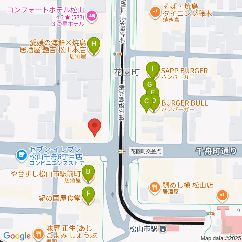 マツヤマ楽器周辺のファミレス・ファーストフード一覧地図