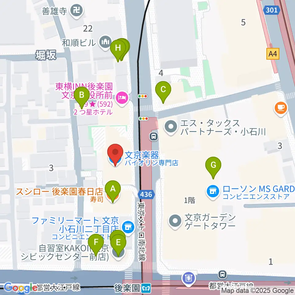 文京楽器周辺のファミレス・ファーストフード一覧地図