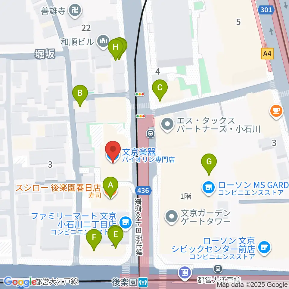 文京楽器周辺のファミレス・ファーストフード一覧地図