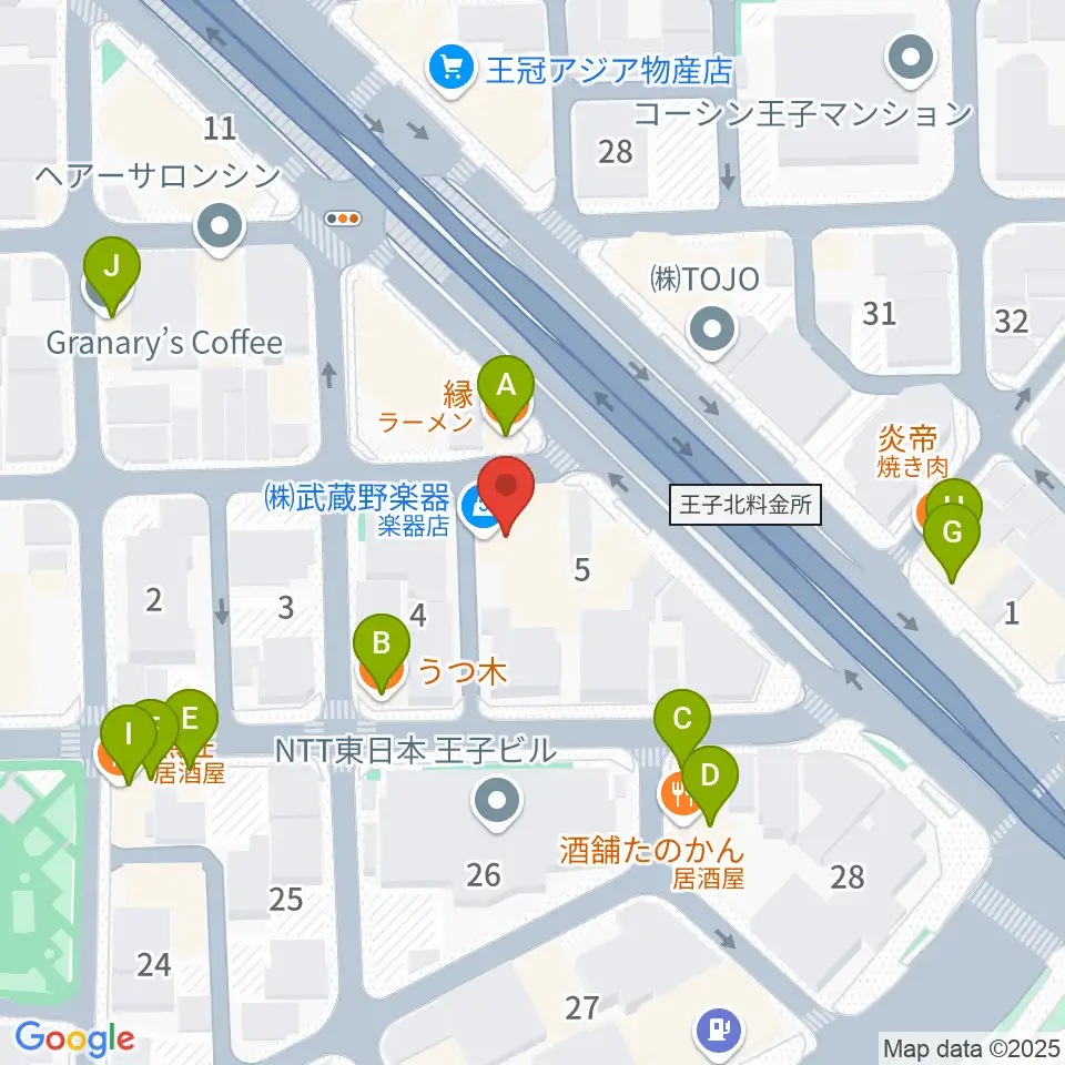 武蔵野楽器周辺のファミレス・ファーストフード一覧地図