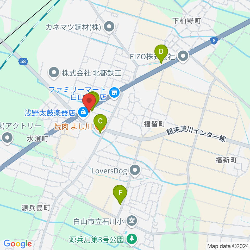 浅野太鼓楽器店周辺のファミレス・ファーストフード一覧地図