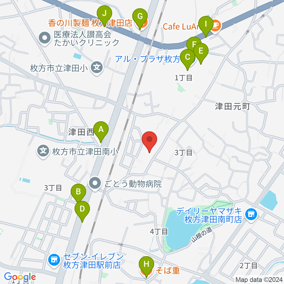 バイオリン工房クレモナ 枚方工房周辺のファミレス・ファーストフード一覧地図