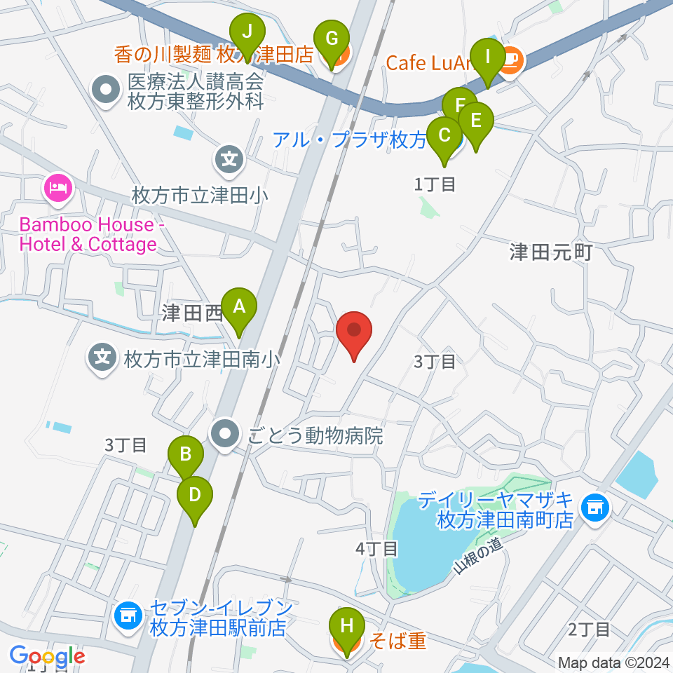 バイオリン工房クレモナ 枚方工房周辺のファミレス・ファーストフード一覧地図