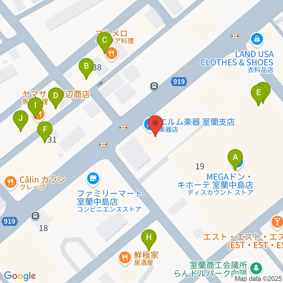 エルム楽器 室蘭支店周辺のファミレス・ファーストフード一覧地図