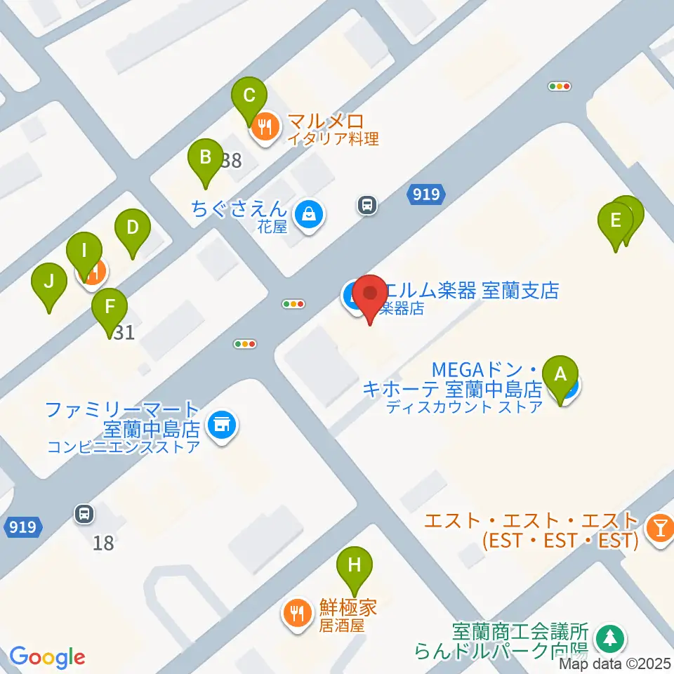 エルム楽器 室蘭支店周辺のファミレス・ファーストフード一覧地図