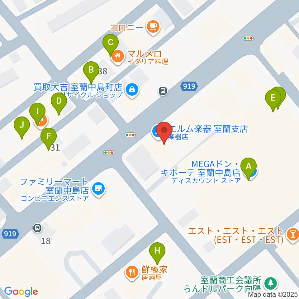 エルム楽器 室蘭支店周辺のファミレス・ファーストフード一覧地図