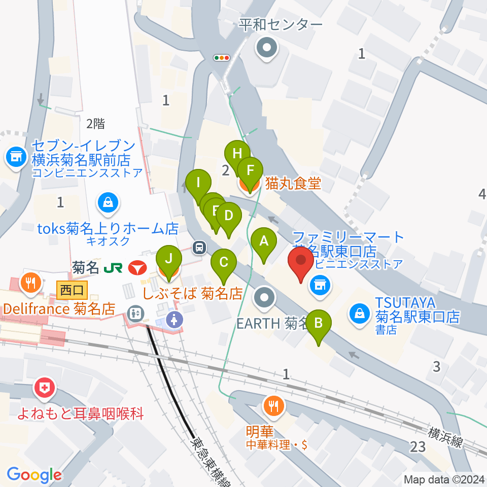 ハタ楽器 菊名駅前店周辺のファミレス・ファーストフード一覧地図