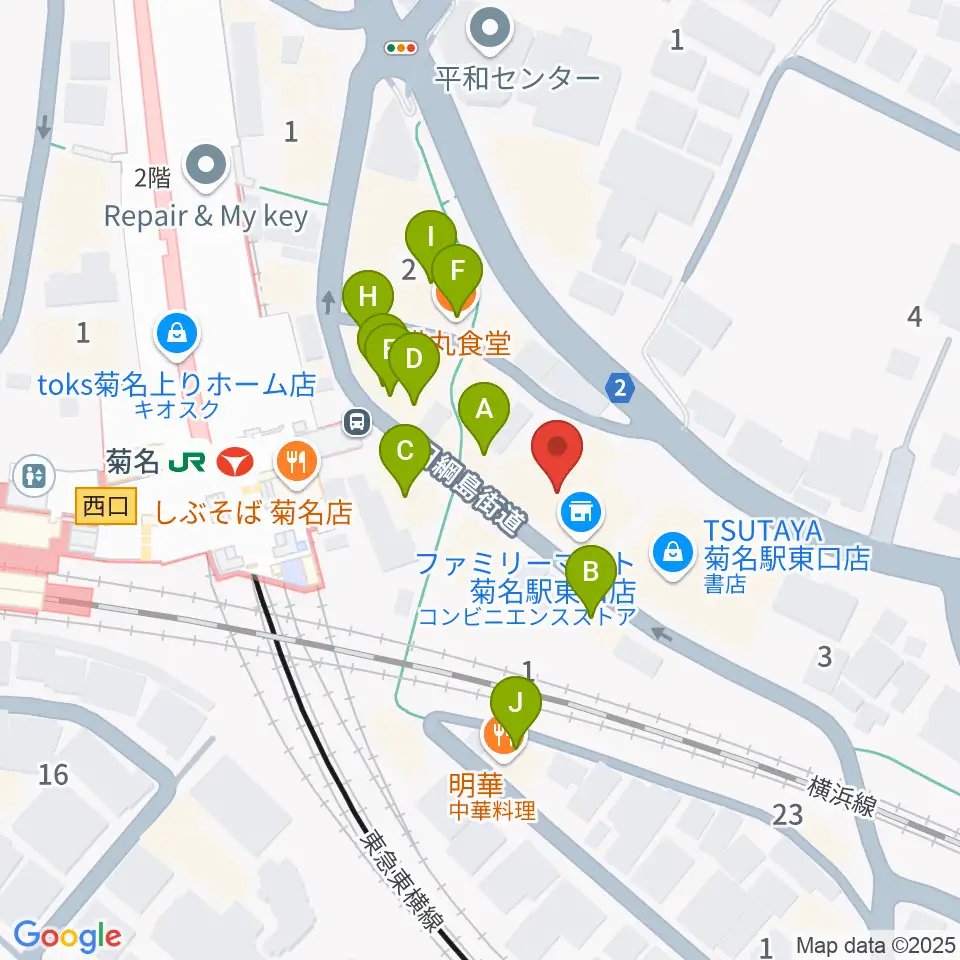 ハタ楽器 菊名駅前店周辺のファミレス・ファーストフード一覧地図