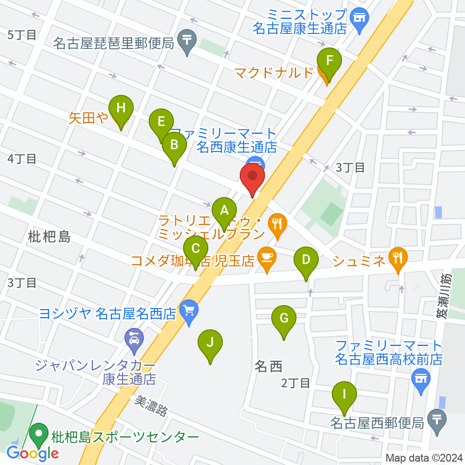 日野屋和楽器店周辺のファミレス・ファーストフード一覧地図