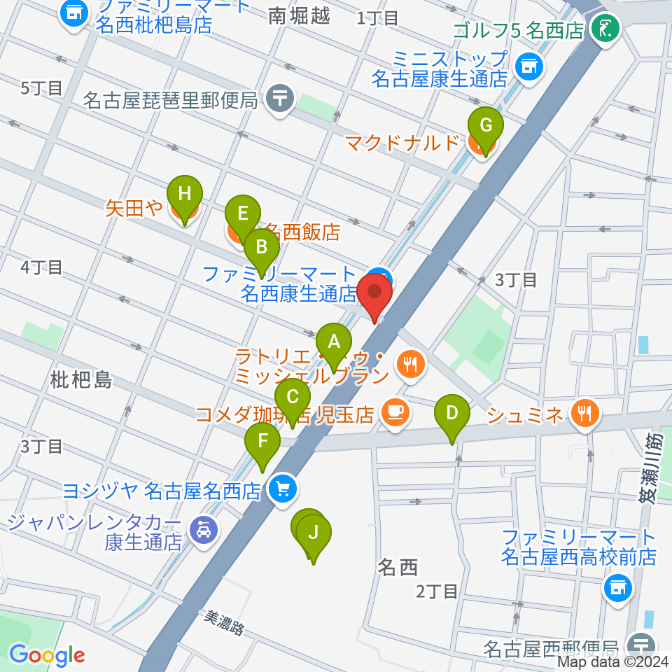 日野屋和楽器店周辺のファミレス・ファーストフード一覧地図