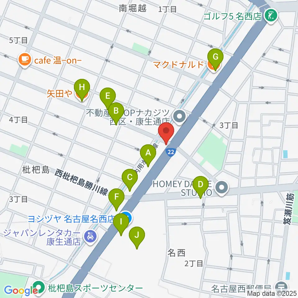 日野屋和楽器店周辺のファミレス・ファーストフード一覧地図