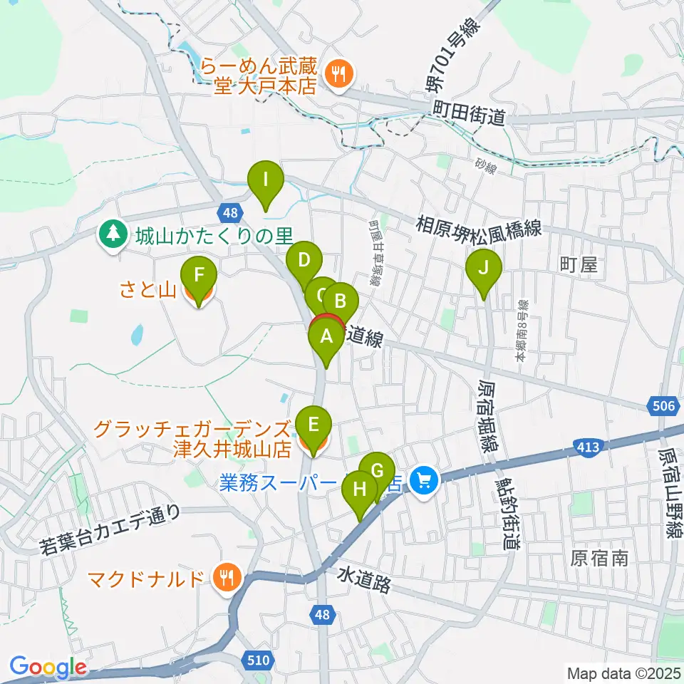 池田ピアノ城山工房周辺のファミレス・ファーストフード一覧地図