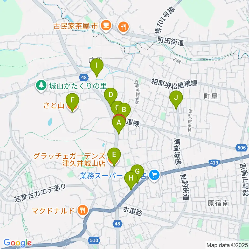 池田ピアノ城山工房周辺のファミレス・ファーストフード一覧地図