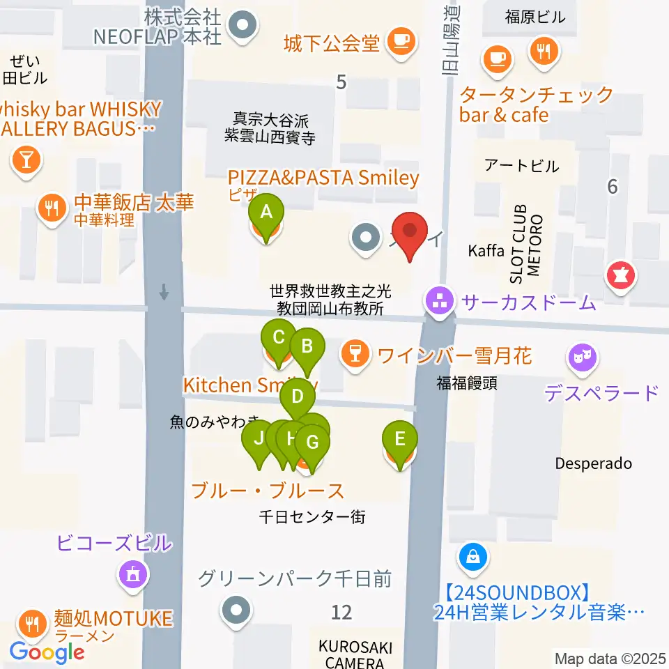 服部管楽器 岡山本店周辺のファミレス・ファーストフード一覧地図